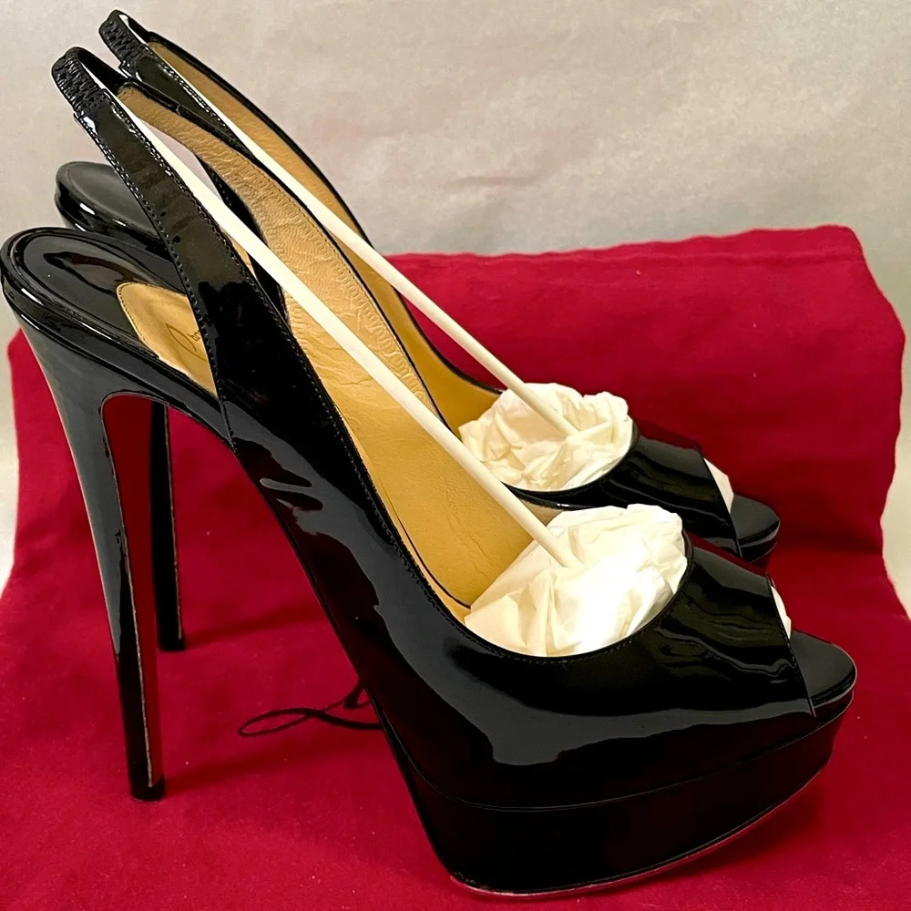 Christian Louboutin “Lady peep” sling peeptoe pumps 150mm Blk patent lthr EU37